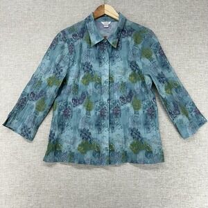 Christopher & Banks Shirt Womens L Teal Floral Button Up 3/4 Sleeve Casual